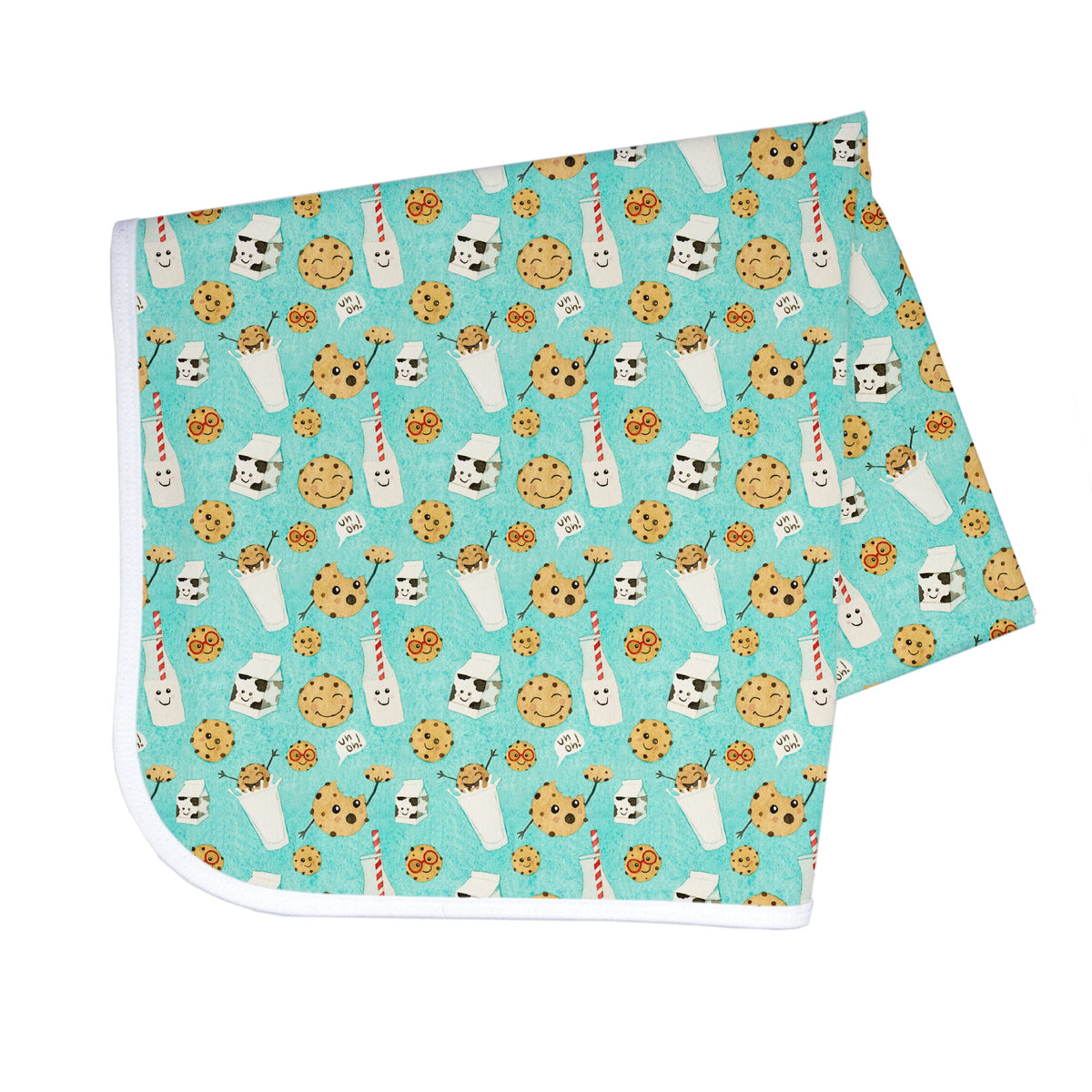 BapronBaby Cookies & Milk Splash Mat under highchair catching spills during meals.