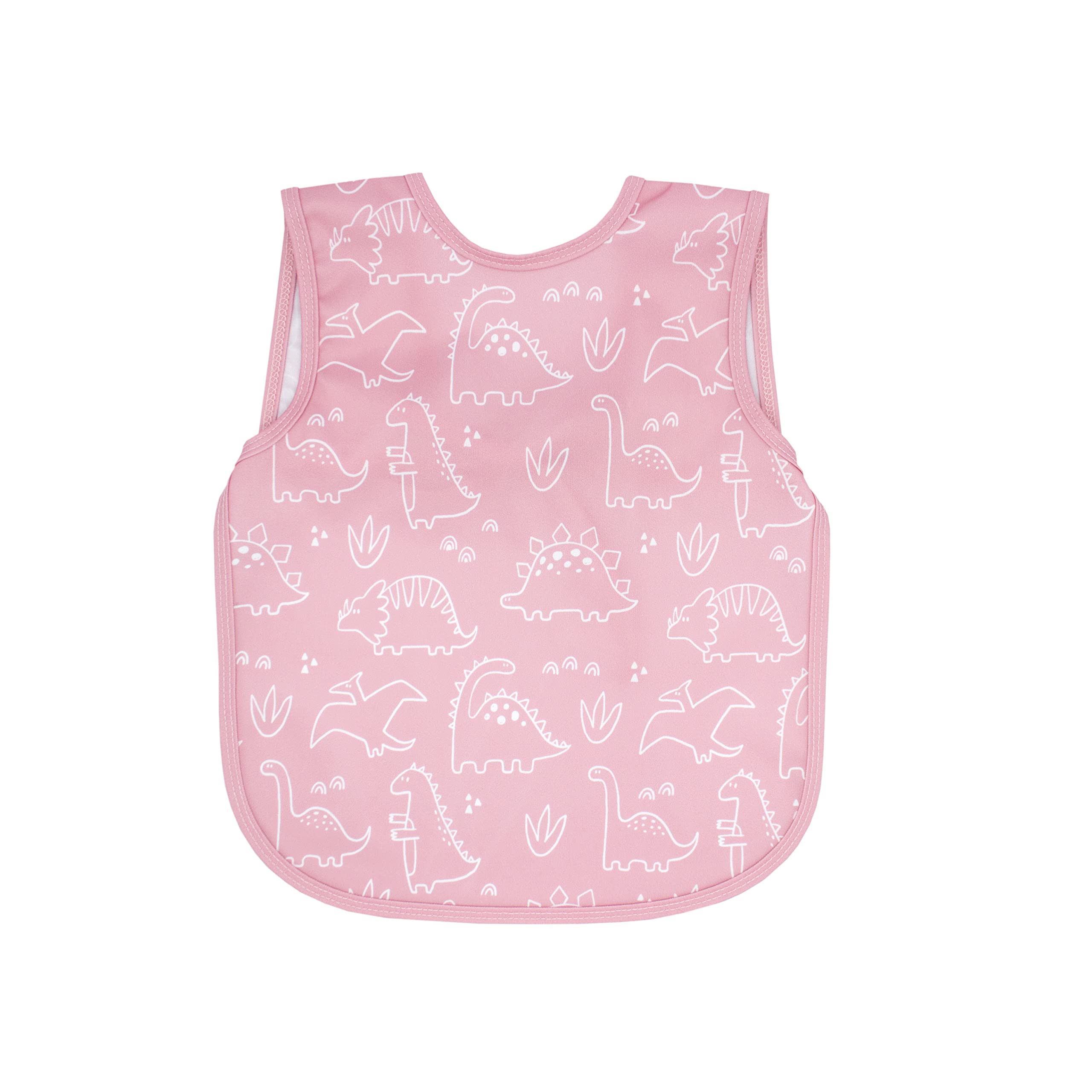 BapronBaby Dino Friends Blush Bapron keeps meals tidy and clothing protected.