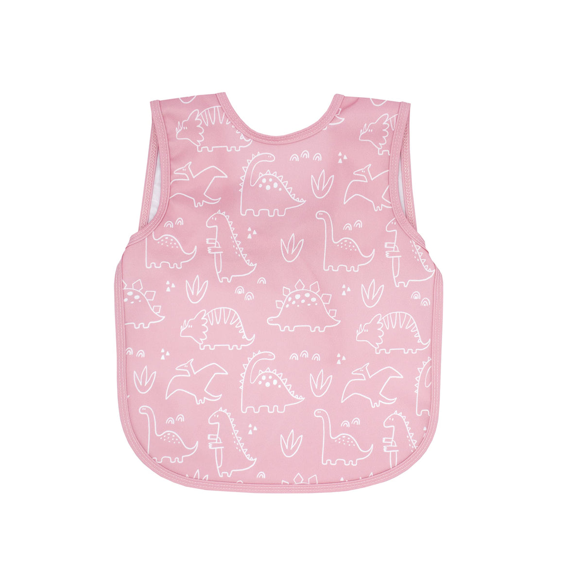 BapronBaby Dino Friends Blush Bapron keeps meals tidy and clothing protected.