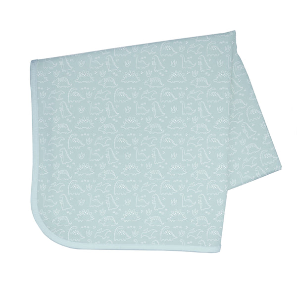 BapronBaby Dino Friends Sage Splash Mat under a high chair catching spills and splashes.