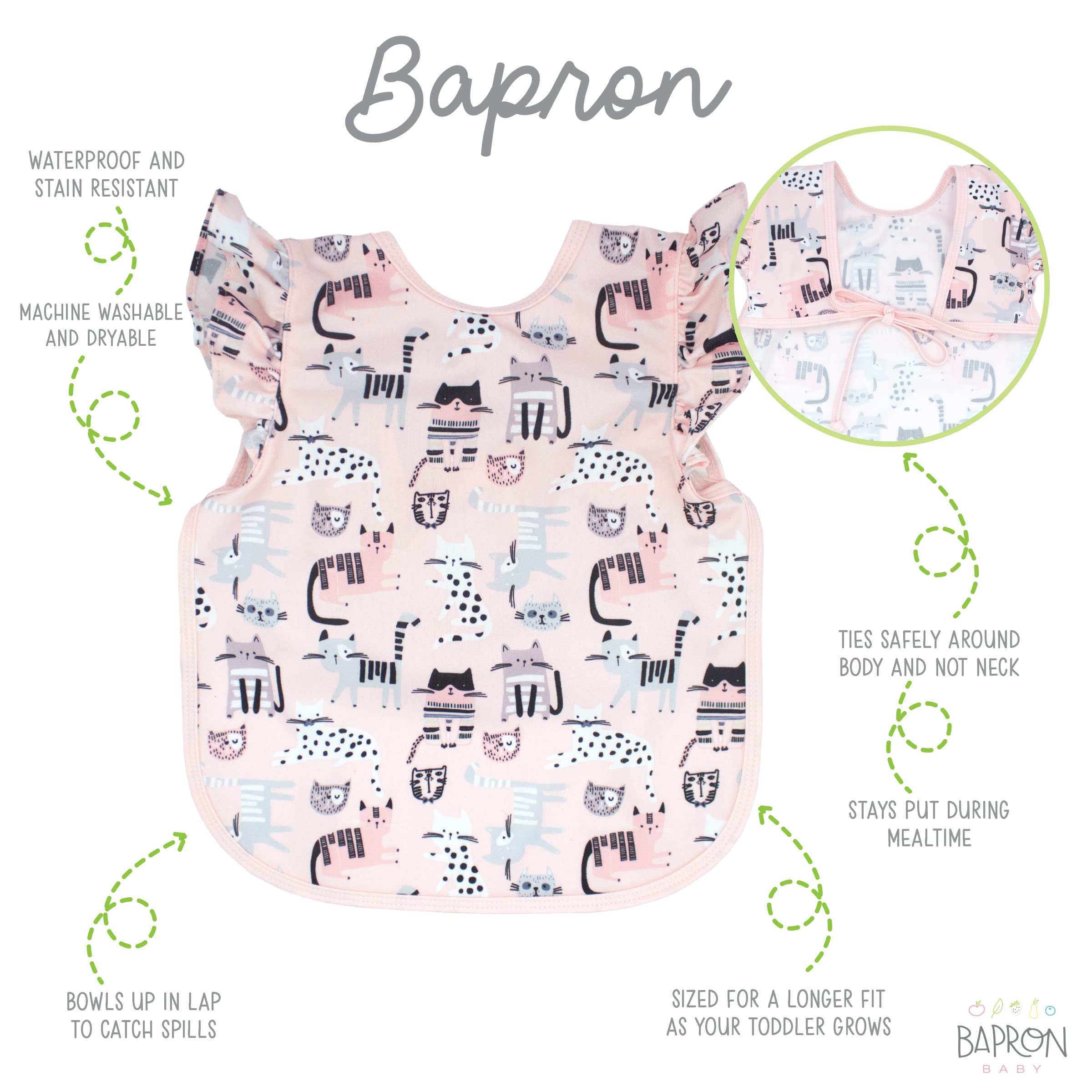 Durable, stain-resistant Kitty Bapron stands up to daily toddler use.