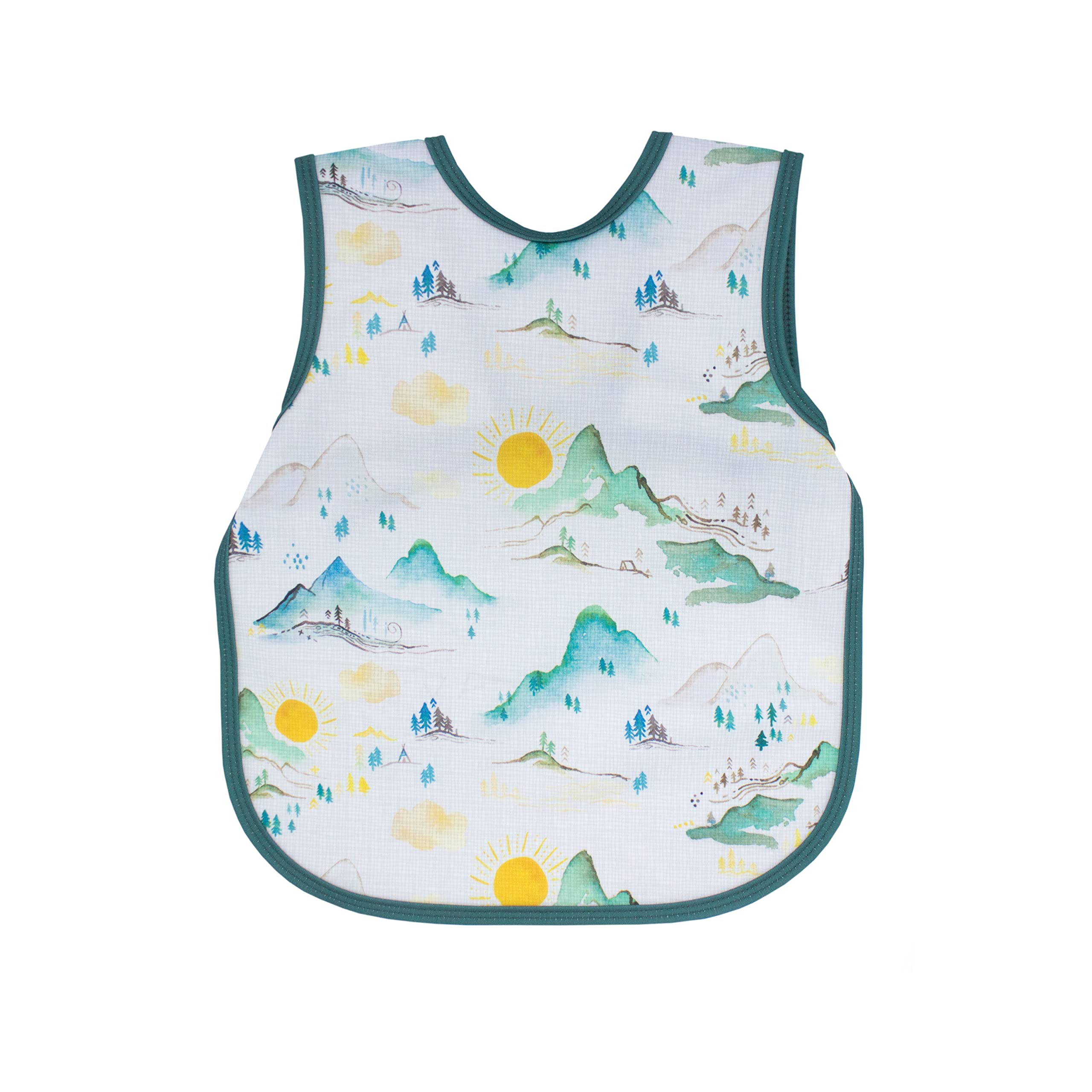 BapronBaby Mountain Mist Bapron front view showing full-coverage waterproof protection during meals.