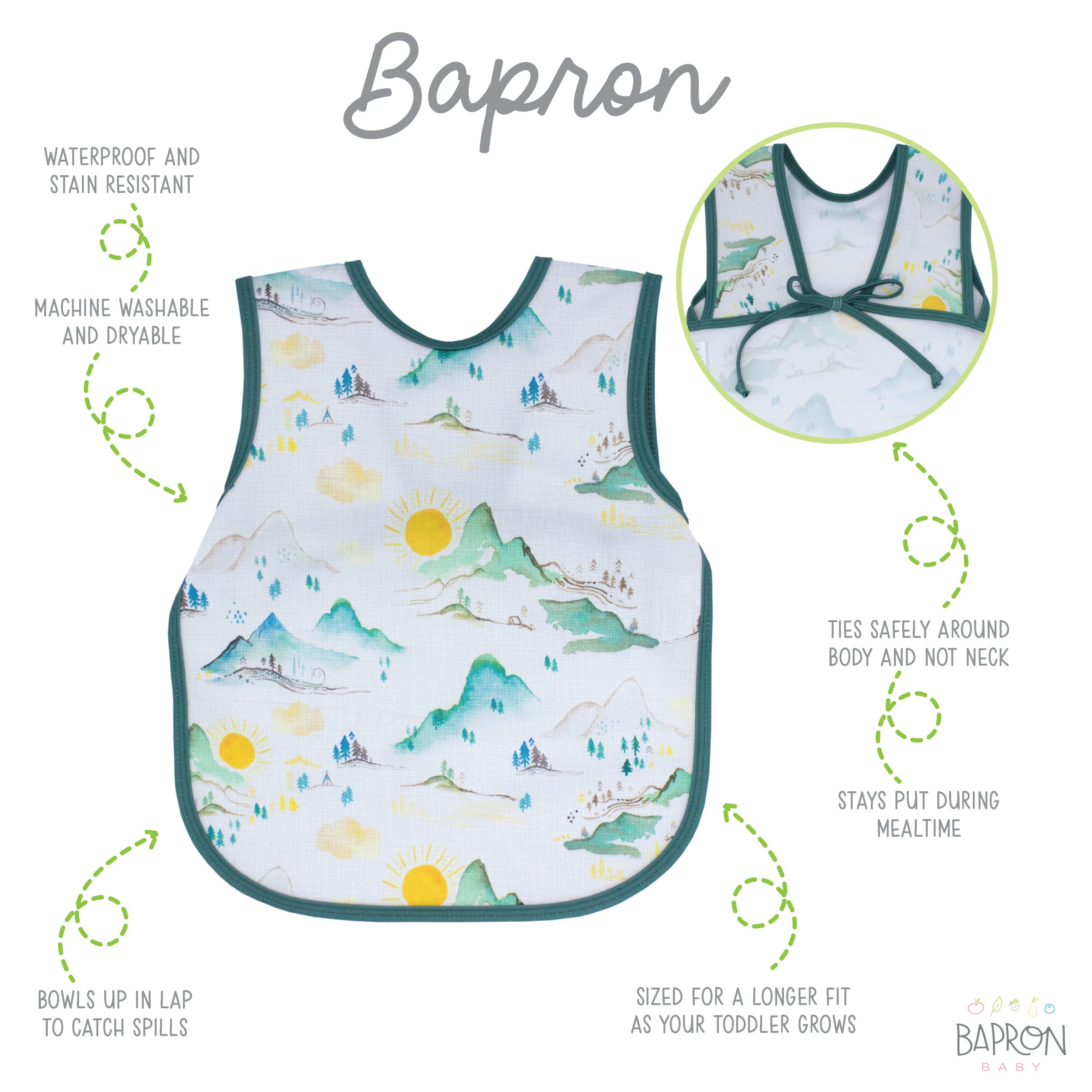 BapronBaby Mountain Mist Bapron side view highlights the safety tie-around design.