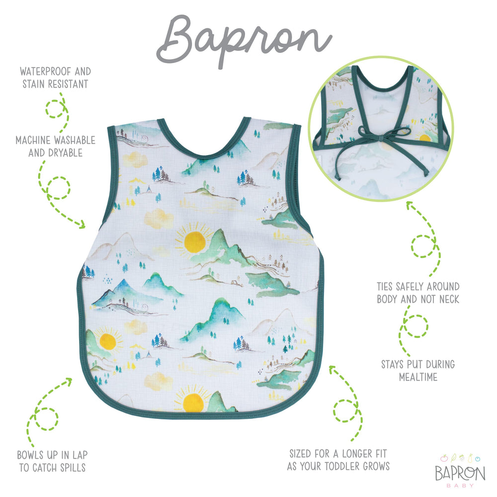 BapronBaby Mountain Mist Bapron side view highlights the safety tie-around design.