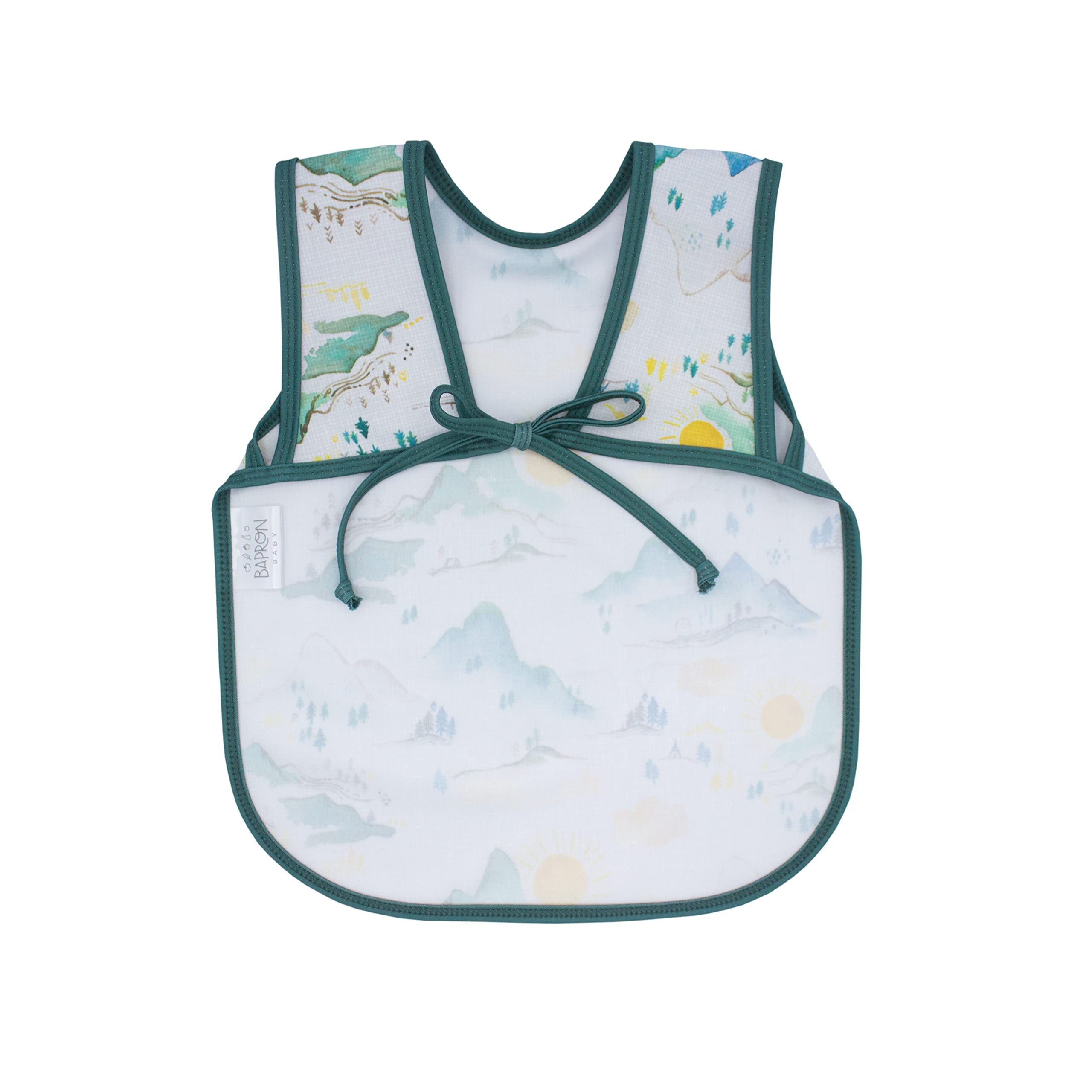 BapronBaby Mountain Mist Bapron worn by child demonstrates growth-friendly fit.