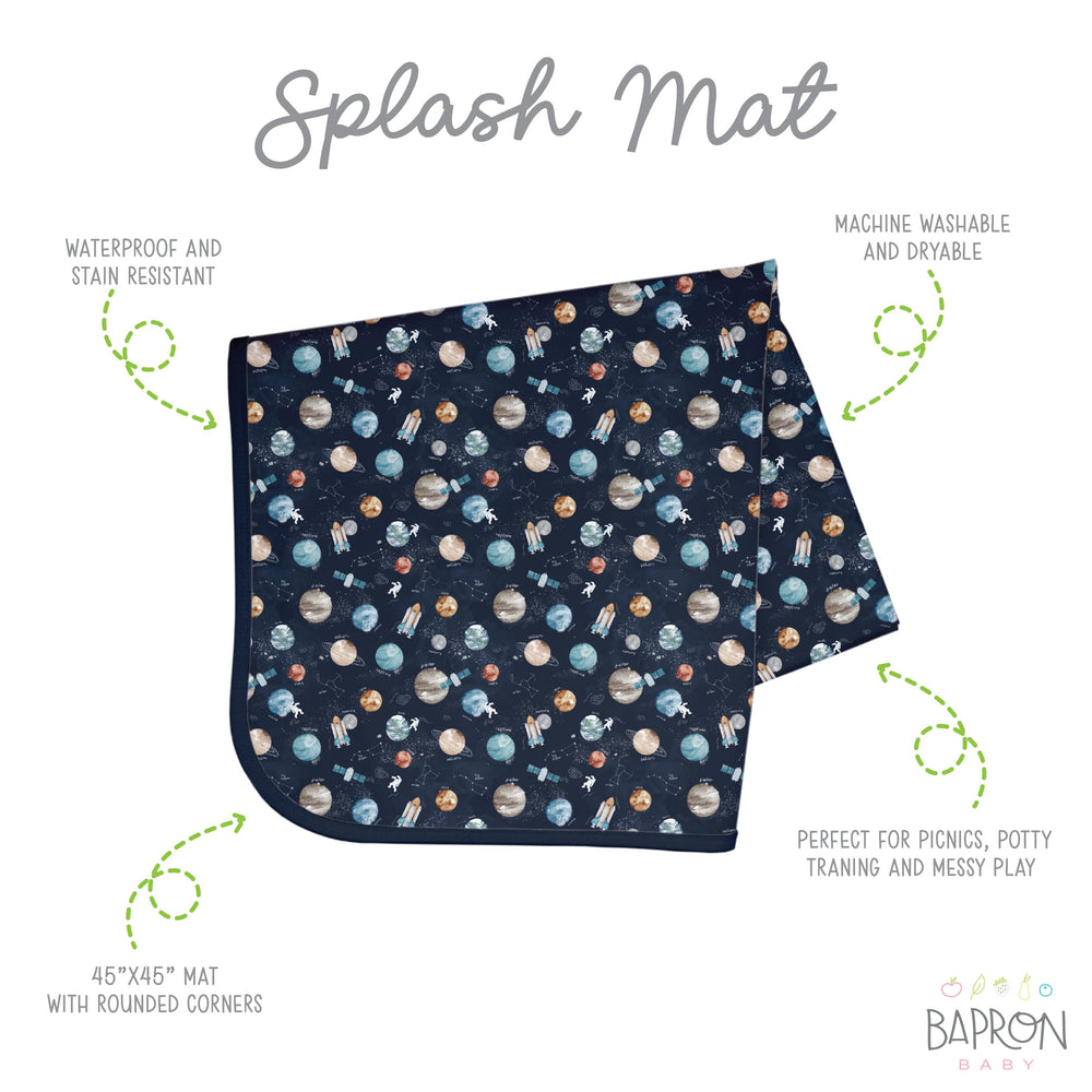 BapronBaby Outer Space Splash Mat closeup shows durable waterproof layer.