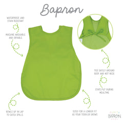 BapronBaby Ribbit Bapron waterproof fabric protects outfits during meals.