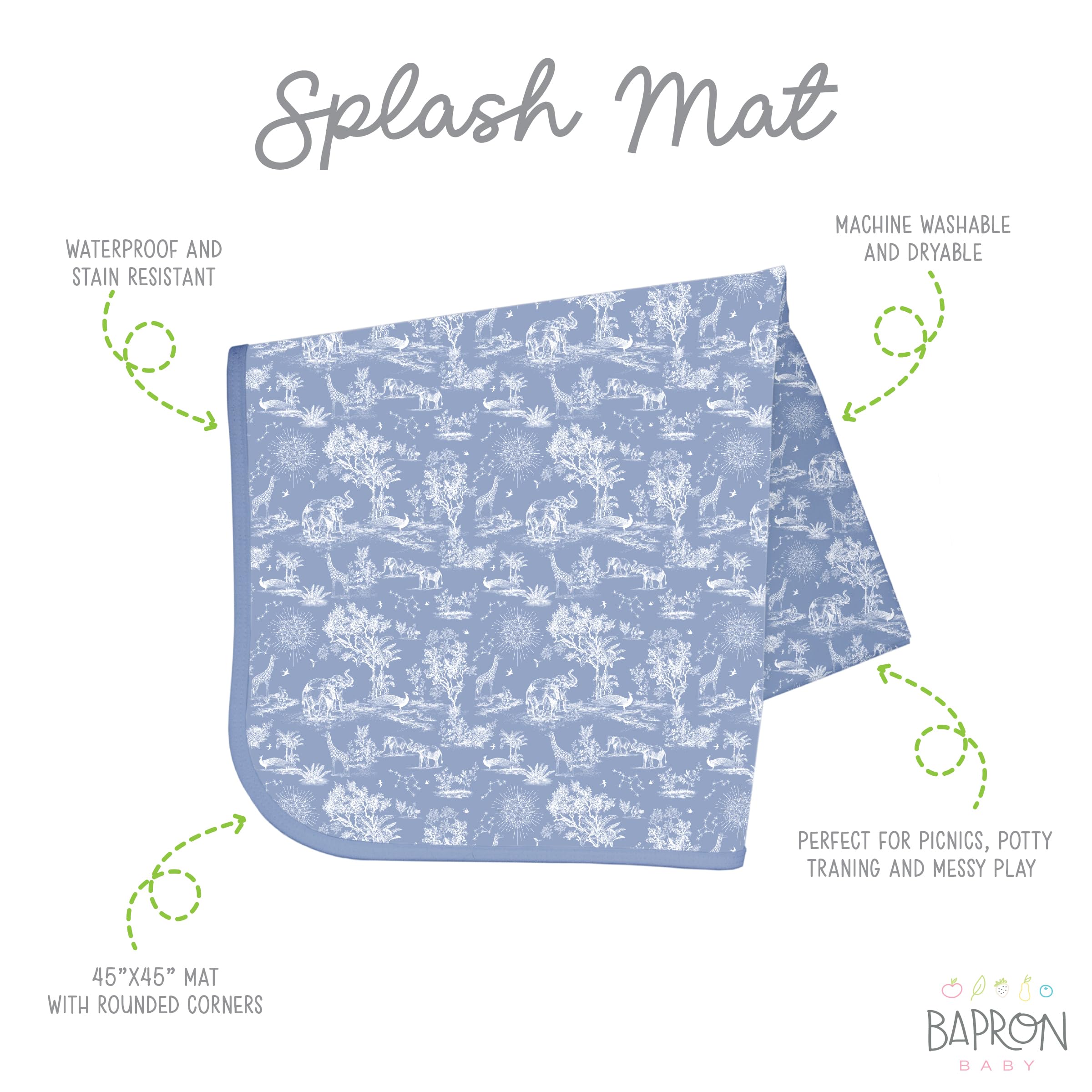 BapronBaby Savanna Blue Splash Mat on a picnic table for easy cleanup after spills.