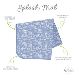 BapronBaby Savanna Blue Splash Mat on a picnic table for easy cleanup after spills.
