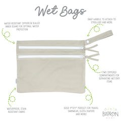 BapronBaby wet dry bag showing two zipper pockets for wet and dry items.