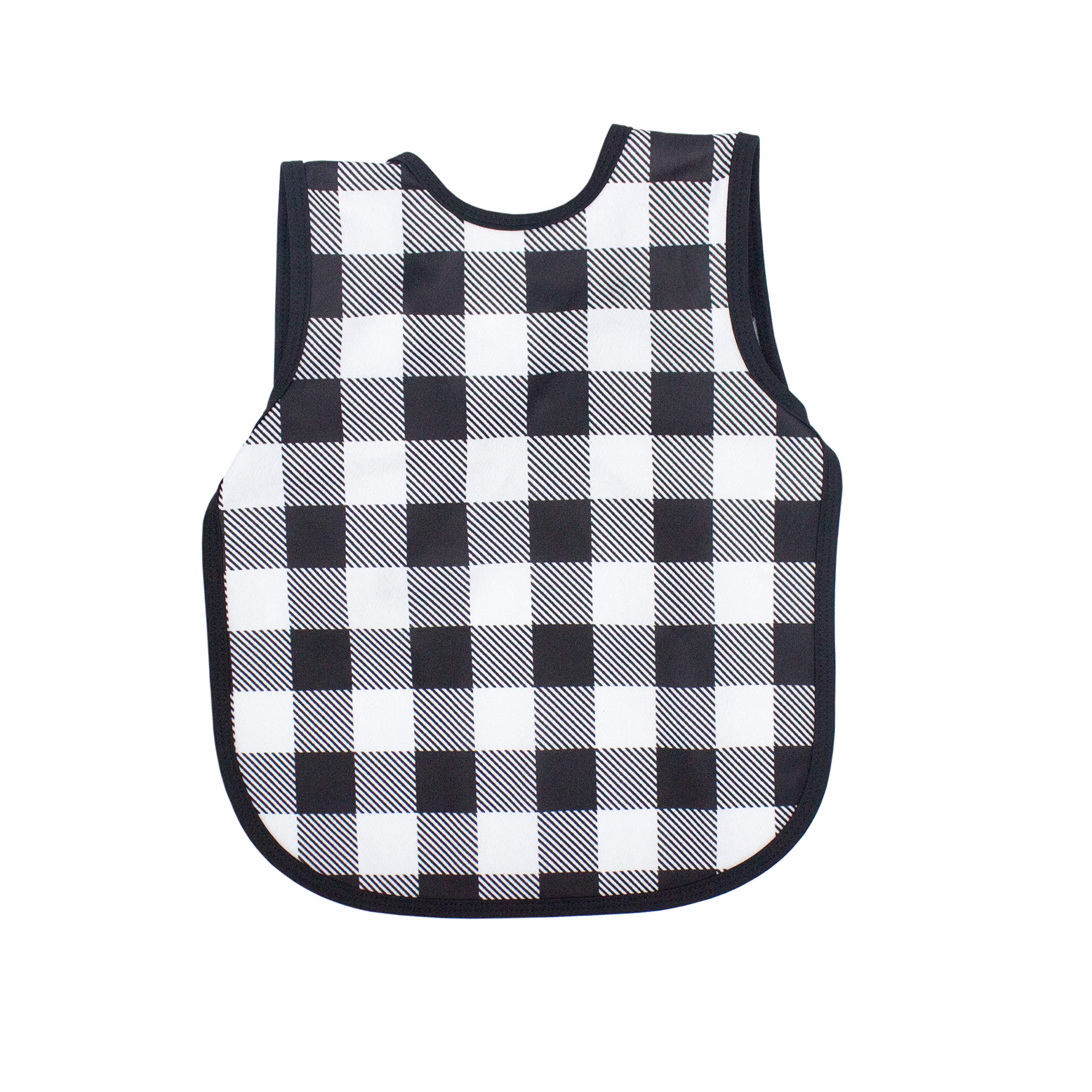 BapronBaby white buffalo plaid fabric close-up showing waterproof layer for mess-free meals.