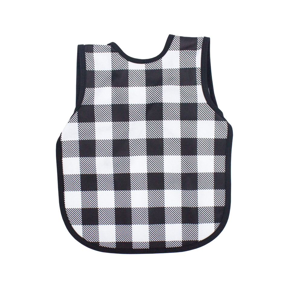 BapronBaby white buffalo plaid fabric close-up showing waterproof layer for mess-free meals.