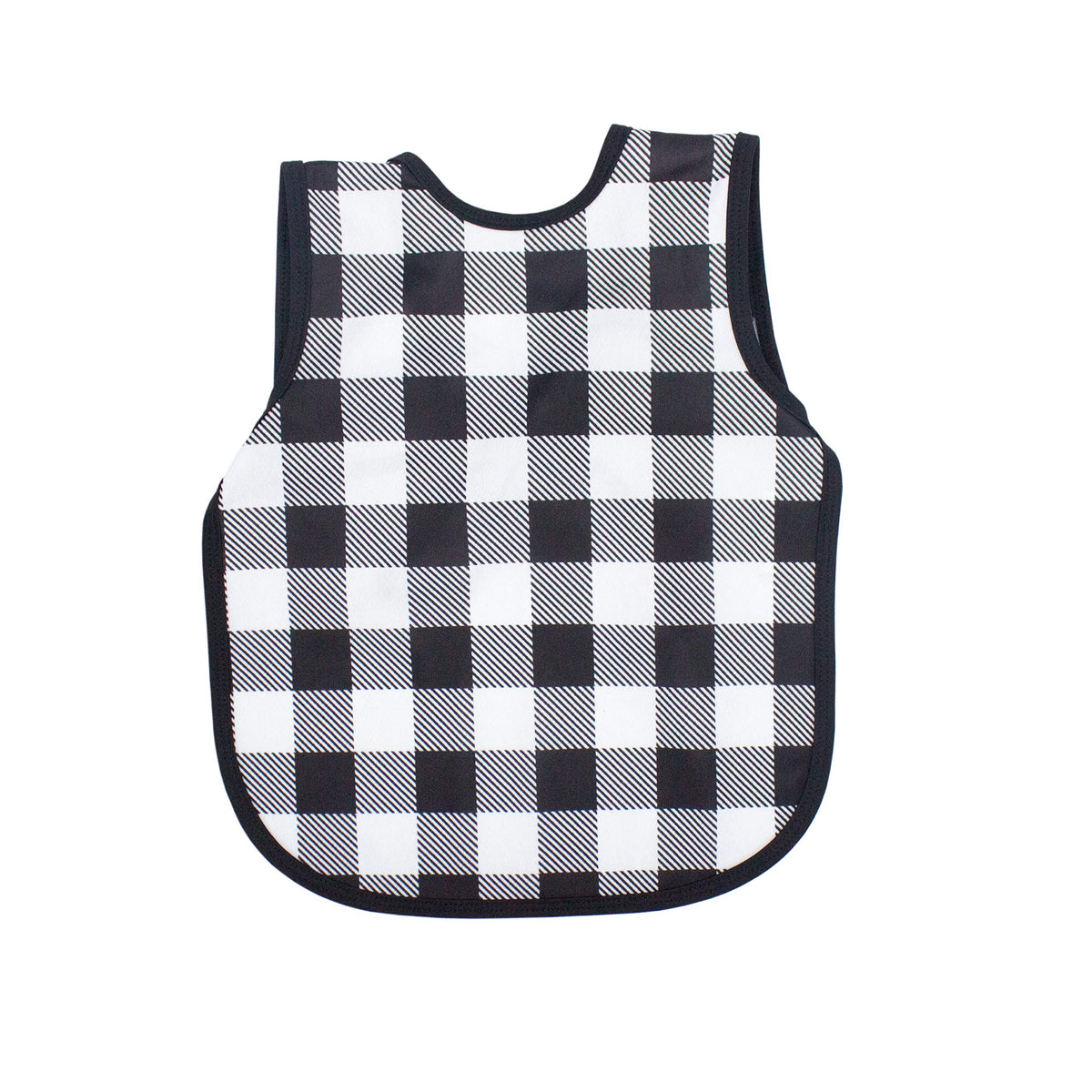 BapronBaby white buffalo plaid fabric close-up showing waterproof layer for mess-free meals.