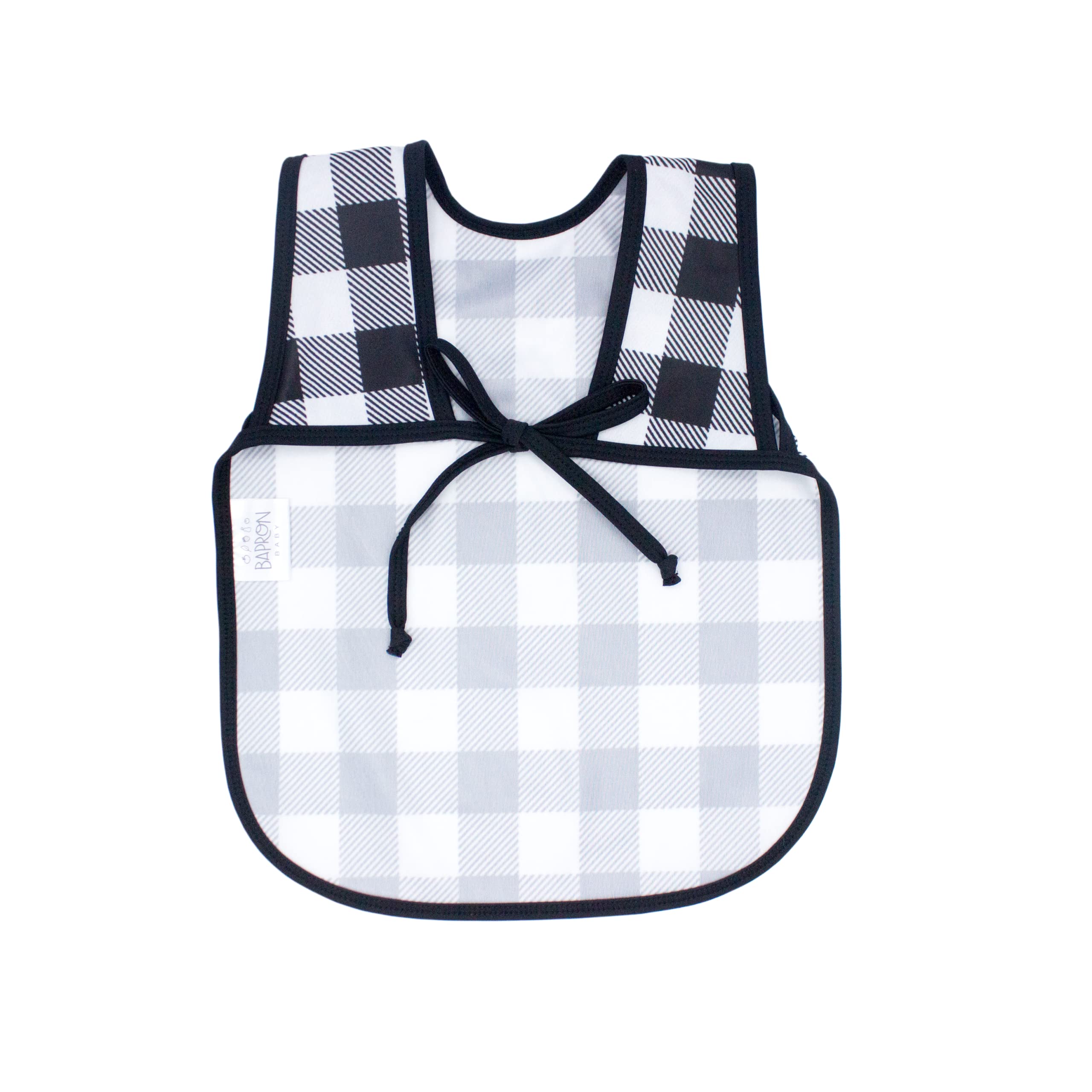 BapronBaby mealtime setup with white buffalo plaid bib protecting clothes from spills.