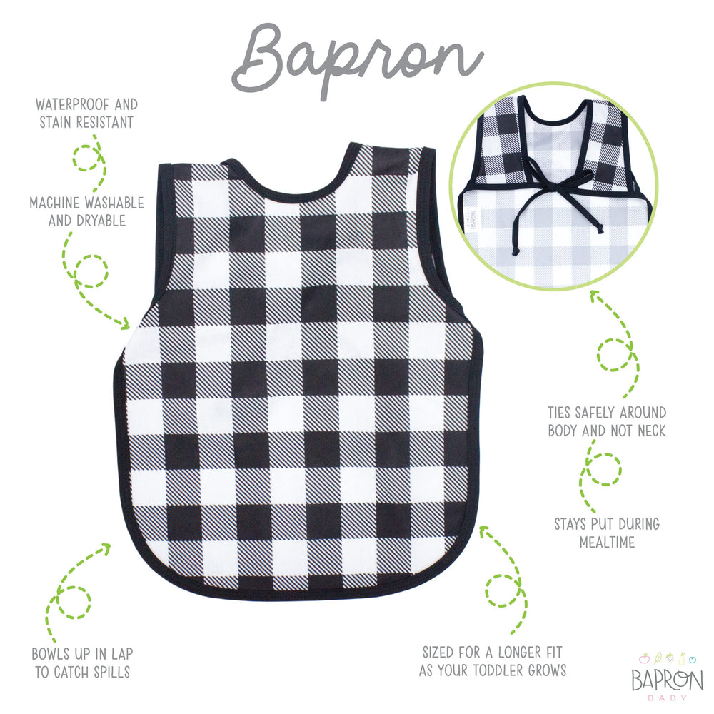 BapronBaby no-neck-tie design on white buffalo plaid bib for safe wear.