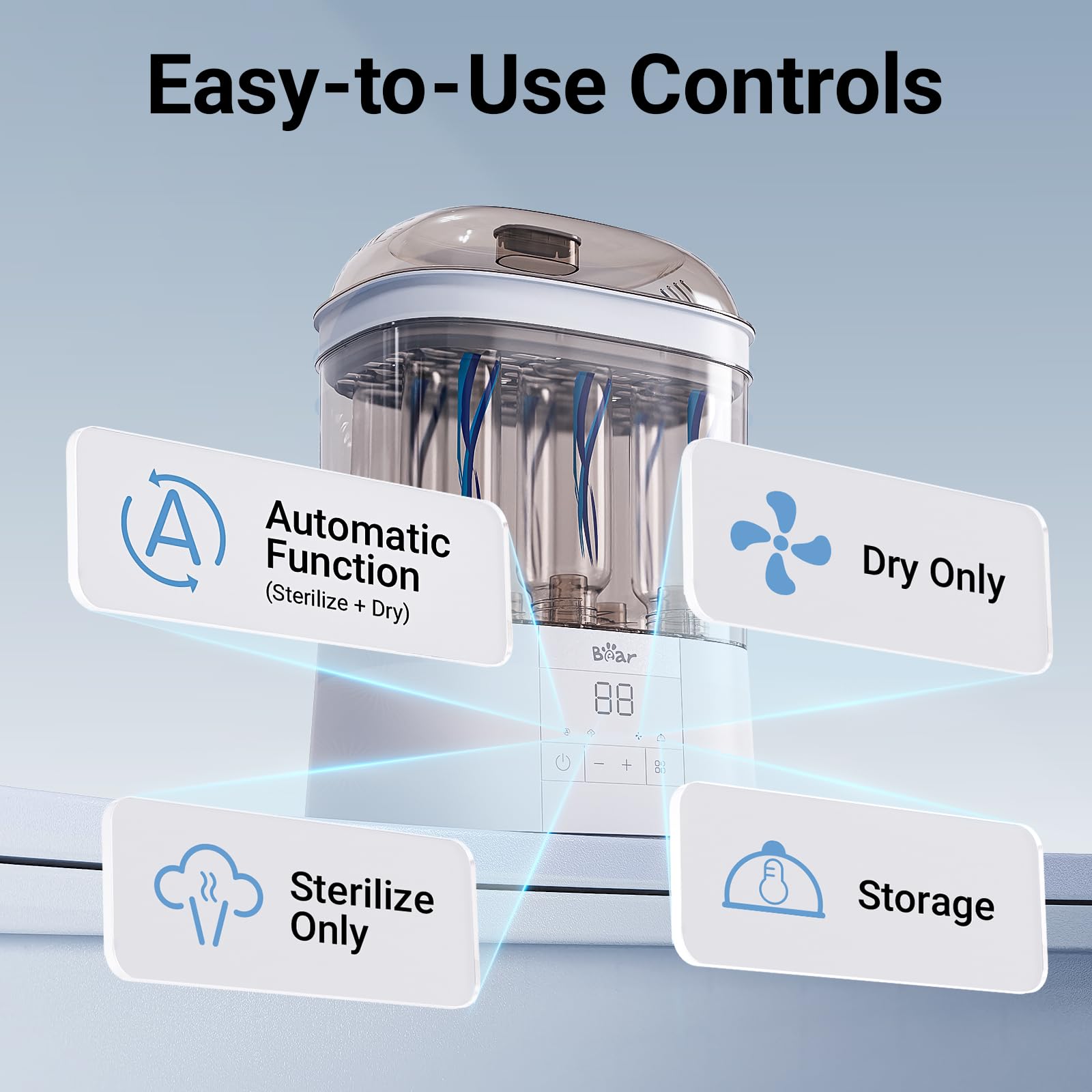 Bear Bottle Sterilizer auto-dry cycle enables quick, moisture-free bottle cleanup.