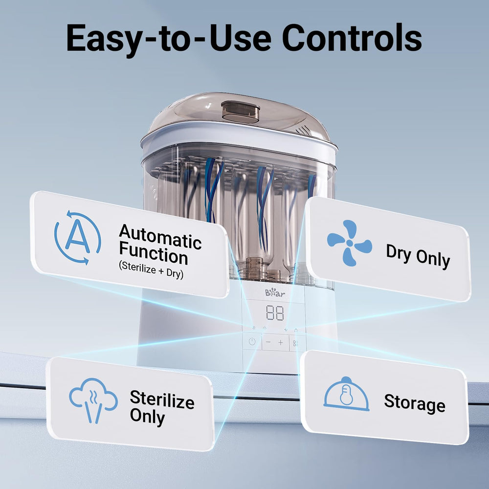 Bear Bottle Sterilizer auto-dry cycle enables quick, moisture-free bottle cleanup.