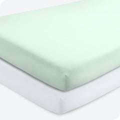 Bare Home 2-pack fitted crib sheets in spring mint and white, ready for bedtime comfort.