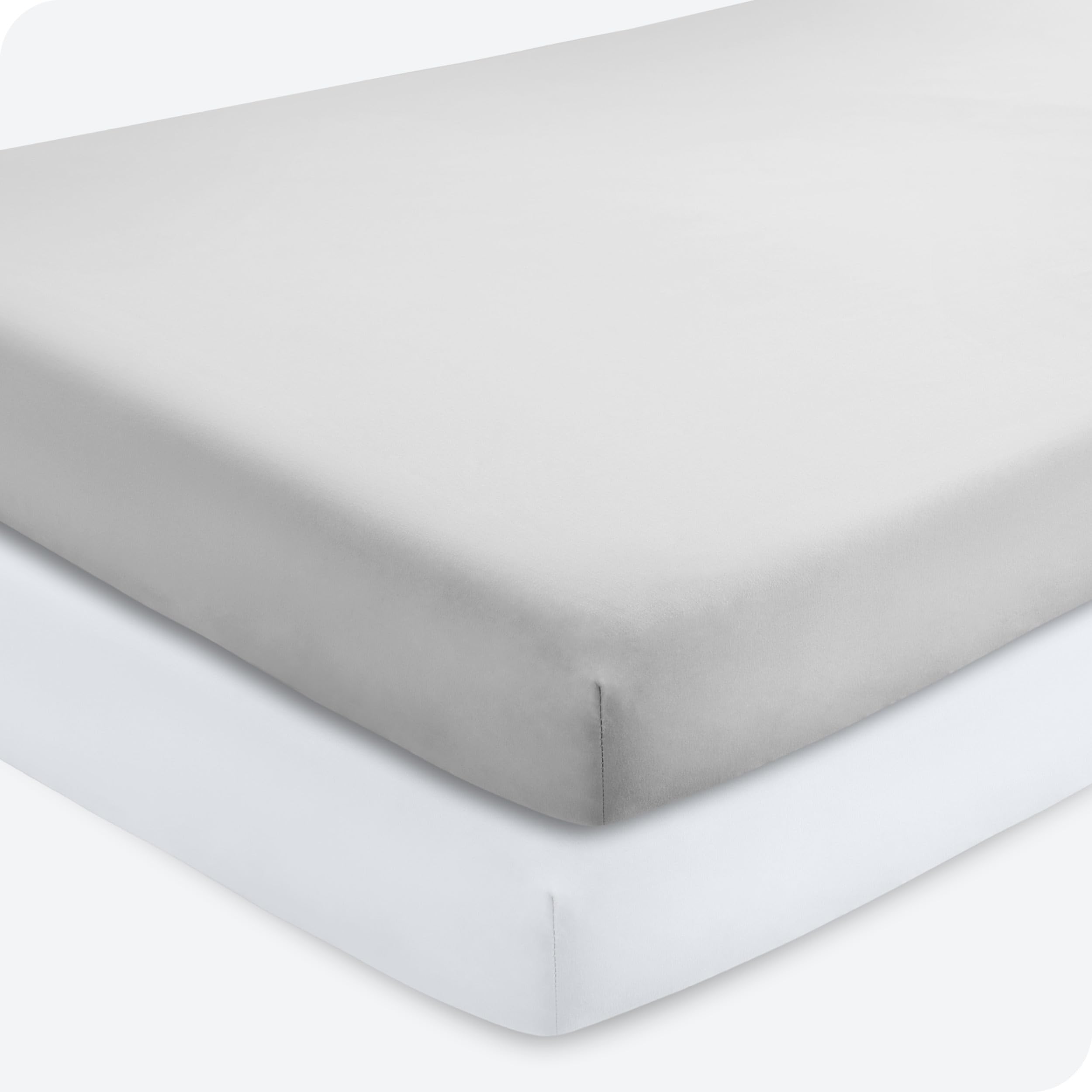 Bare Home 2-pack fitted crib sheets in Cloud Grey and White provide snug mattress fit.