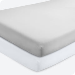 Bare Home 2-pack fitted crib sheets in Cloud Grey and White provide snug mattress fit.