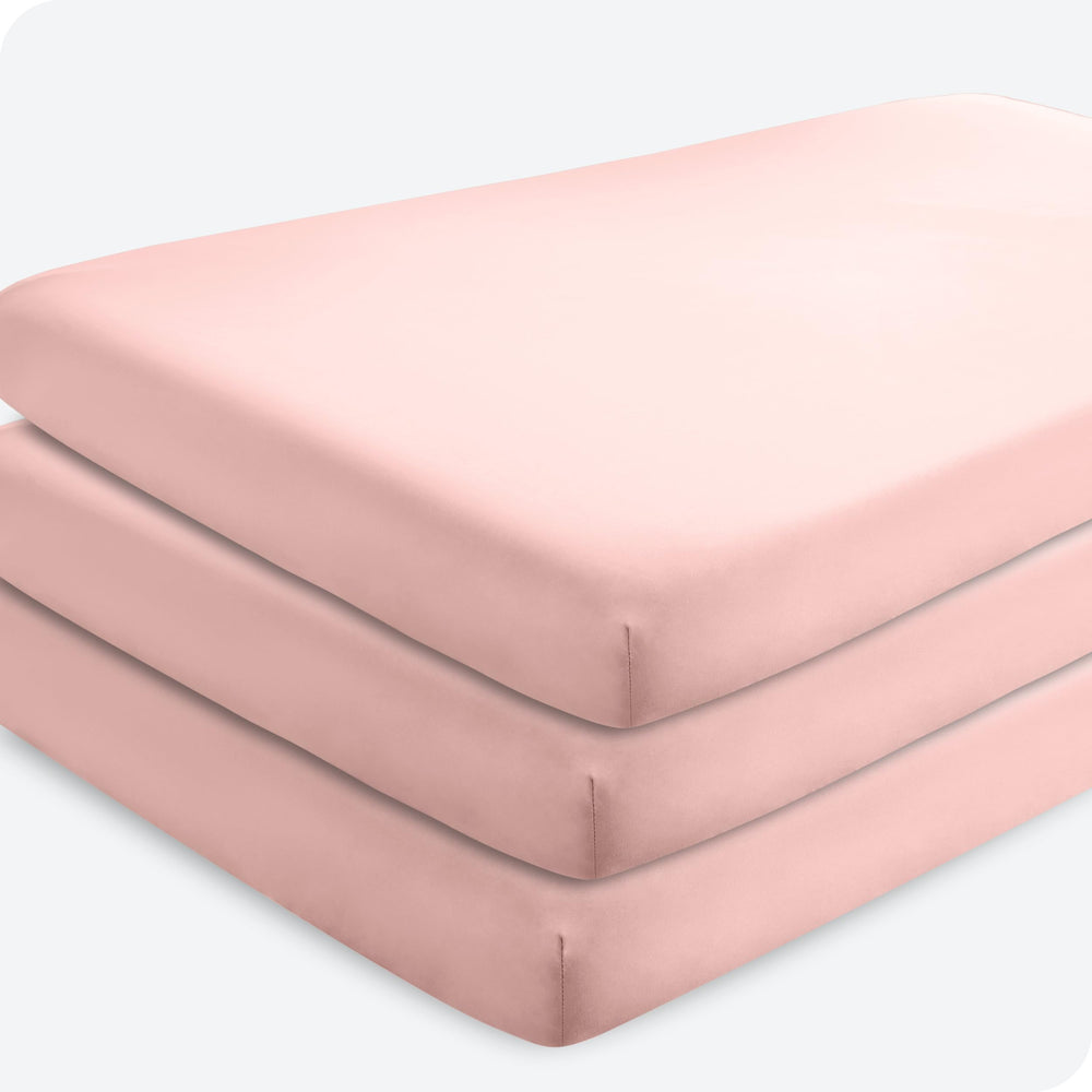 Bare Home 3-pack crib sheets packaging shows tidy storage and quick setup.