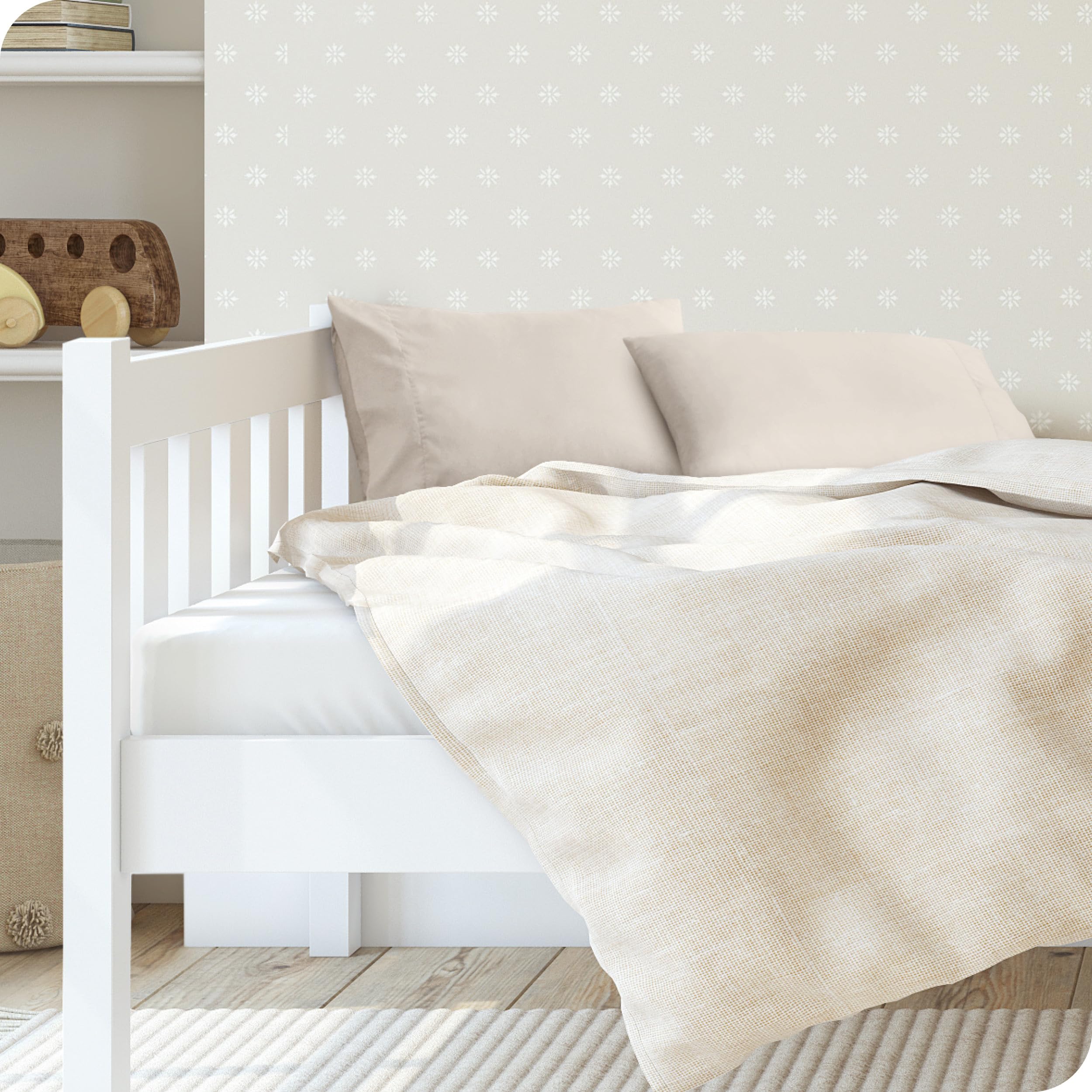 Bare Home toddler microfiber pillowcase closeup weave shows durable, long-lasting fibers in sand.