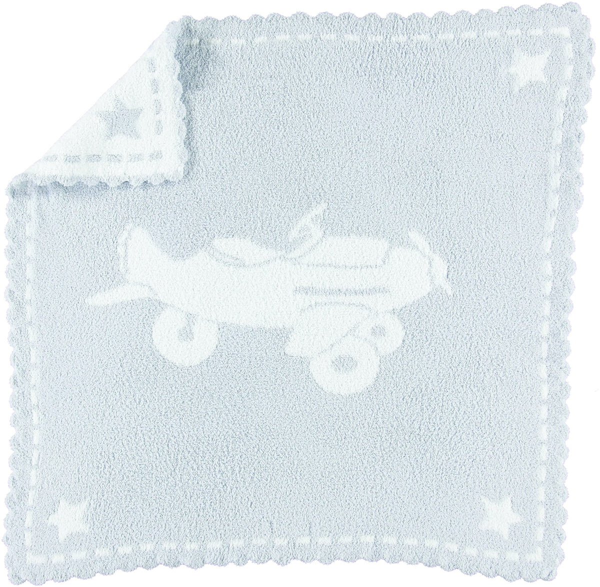 Barefoot Dreams CozyChic scalloped baby blanket in blue, perfect for cuddling during naps