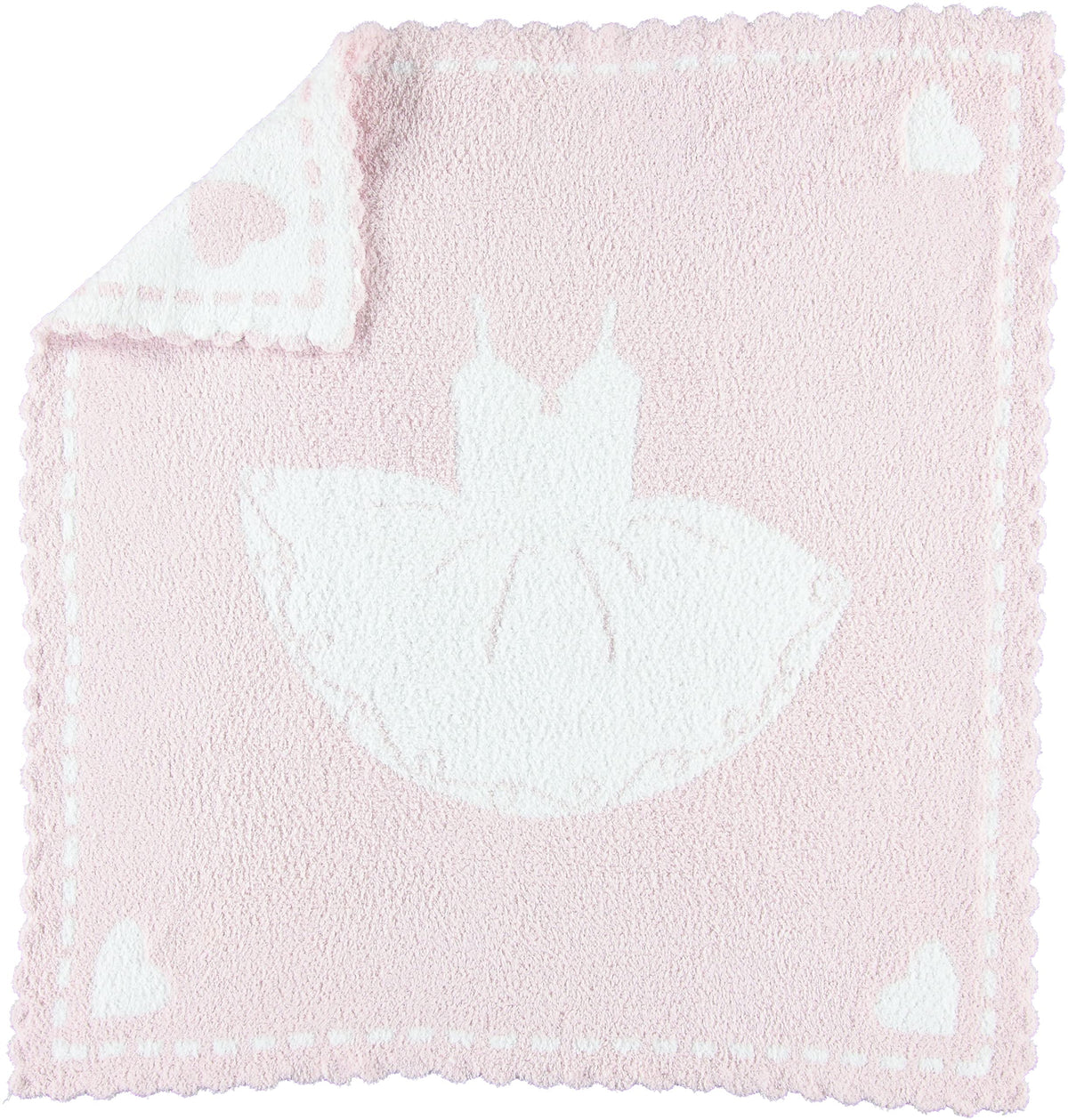 Barefoot Dreams CozyChic scalloped blanket in pink tutu laid flat for nursery use