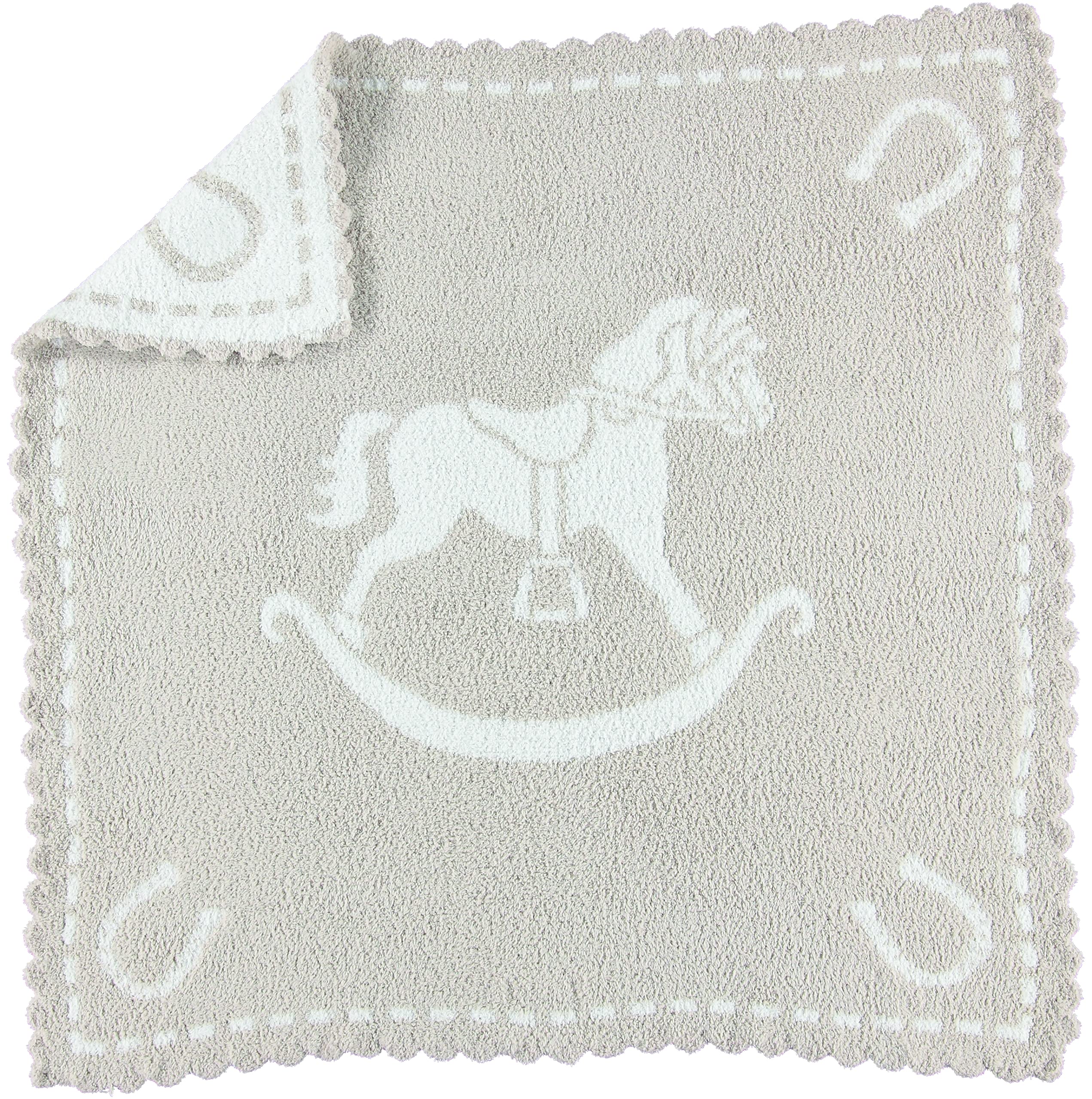 Barefoot Dreams CozyChic scalloped baby receiving blanket in Stone & Rocking Horse for ultra-soft cuddles.