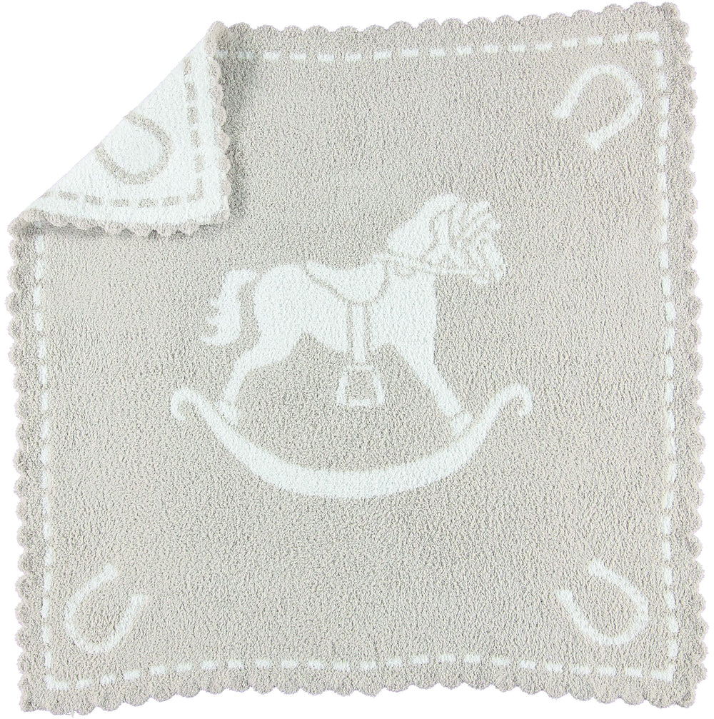 Barefoot Dreams CozyChic scalloped baby receiving blanket in Stone & Rocking Horse for ultra-soft cuddles.