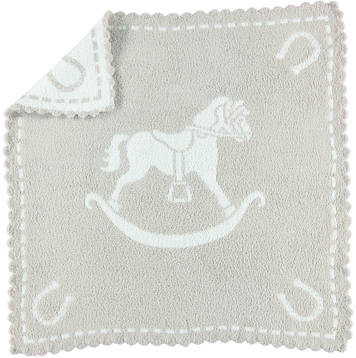 Barefoot Dreams CozyChic scalloped baby receiving blanket in Stone & Rocking Horse for ultra-soft cuddles.