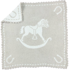 Barefoot Dreams CozyChic scalloped baby receiving blanket in Stone & Rocking Horse for ultra-soft cuddles.