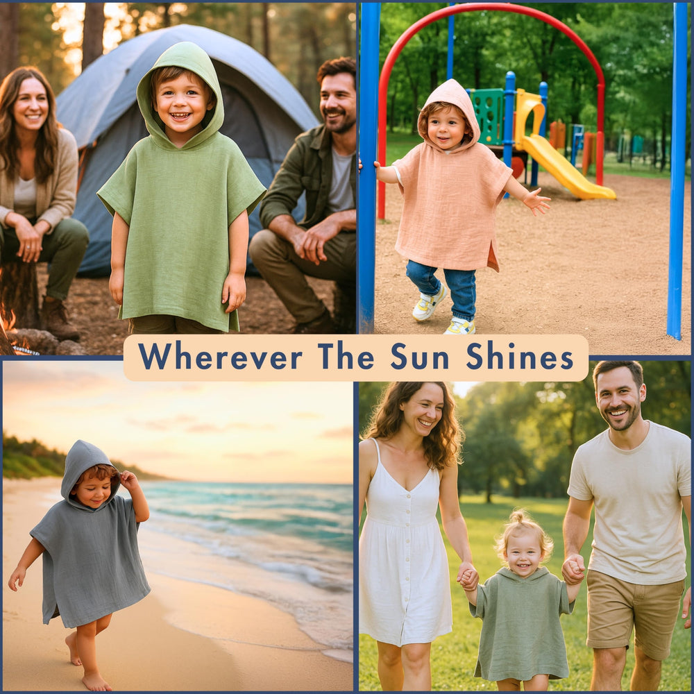 Barine hooded towel worn by a child, easy slip-on wear and comfy fit.