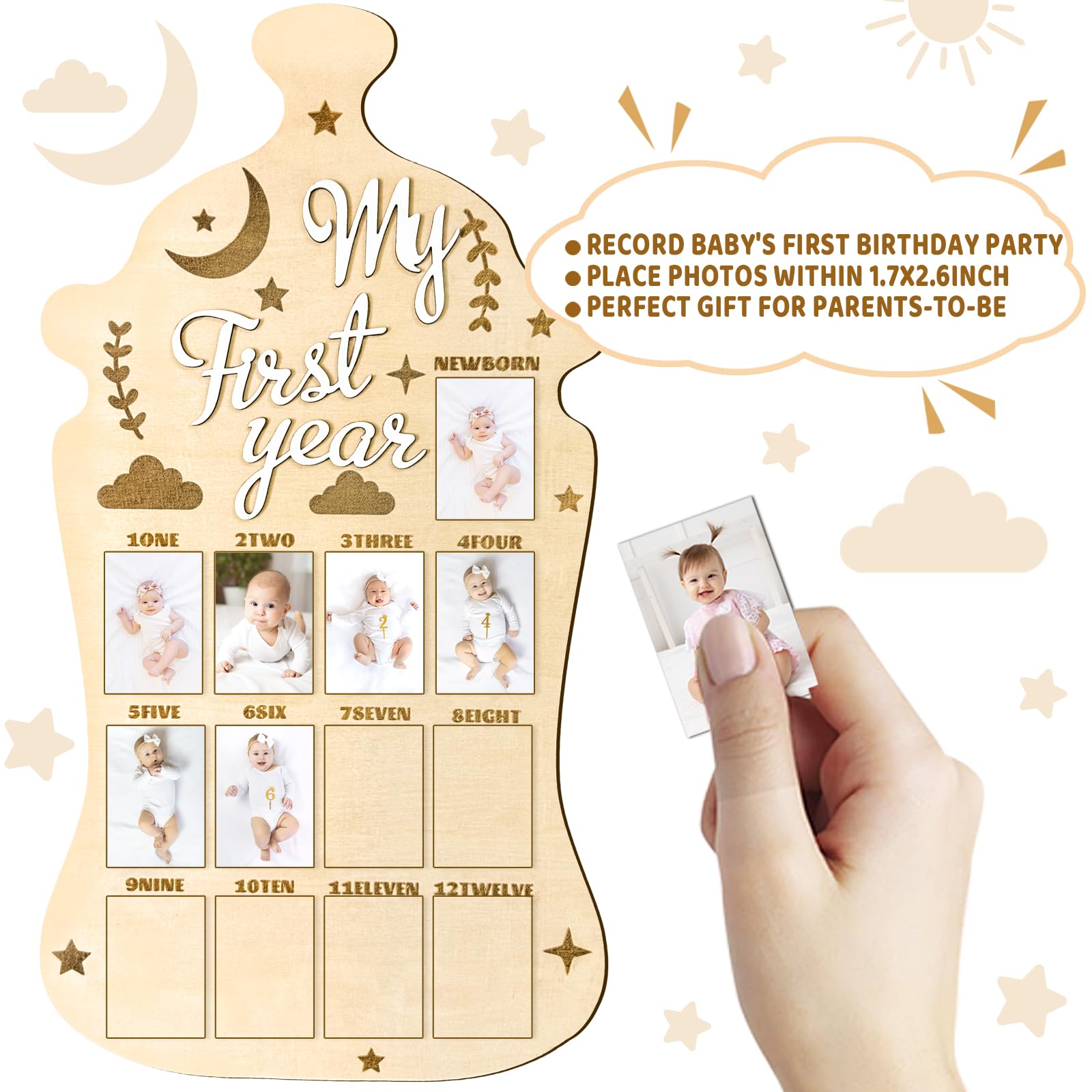Barri Design Beige natural wood finish complements nursery decor while hosting photos.