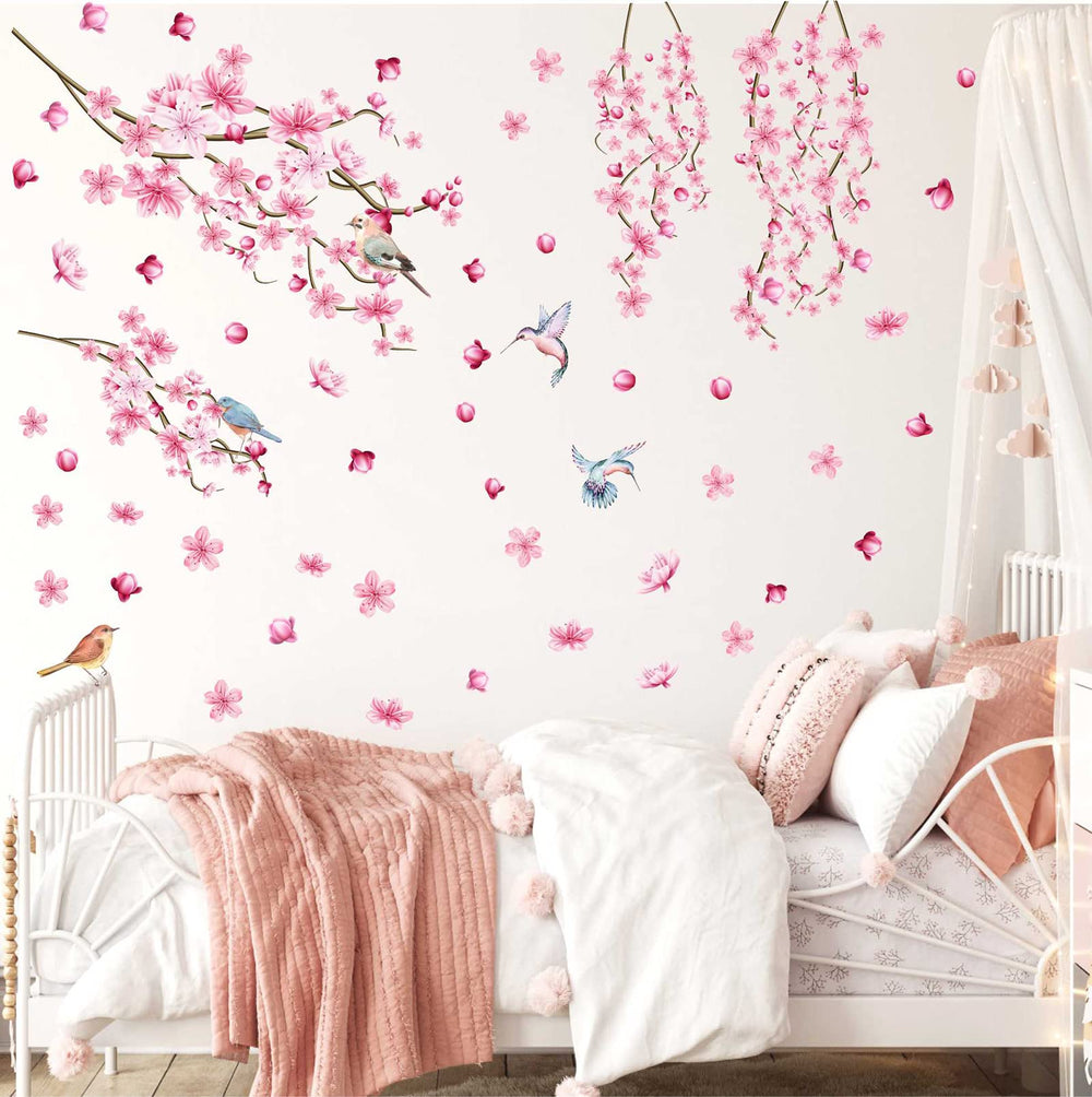 Barri Design bedroom decor using pink cherry blossom wall decals.