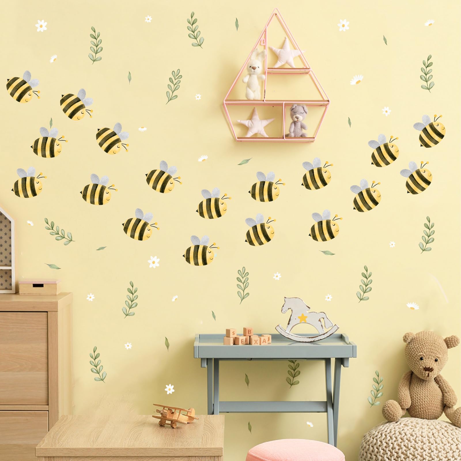Barri Design small bee wall stickers with watercolor leaves for nurseries.