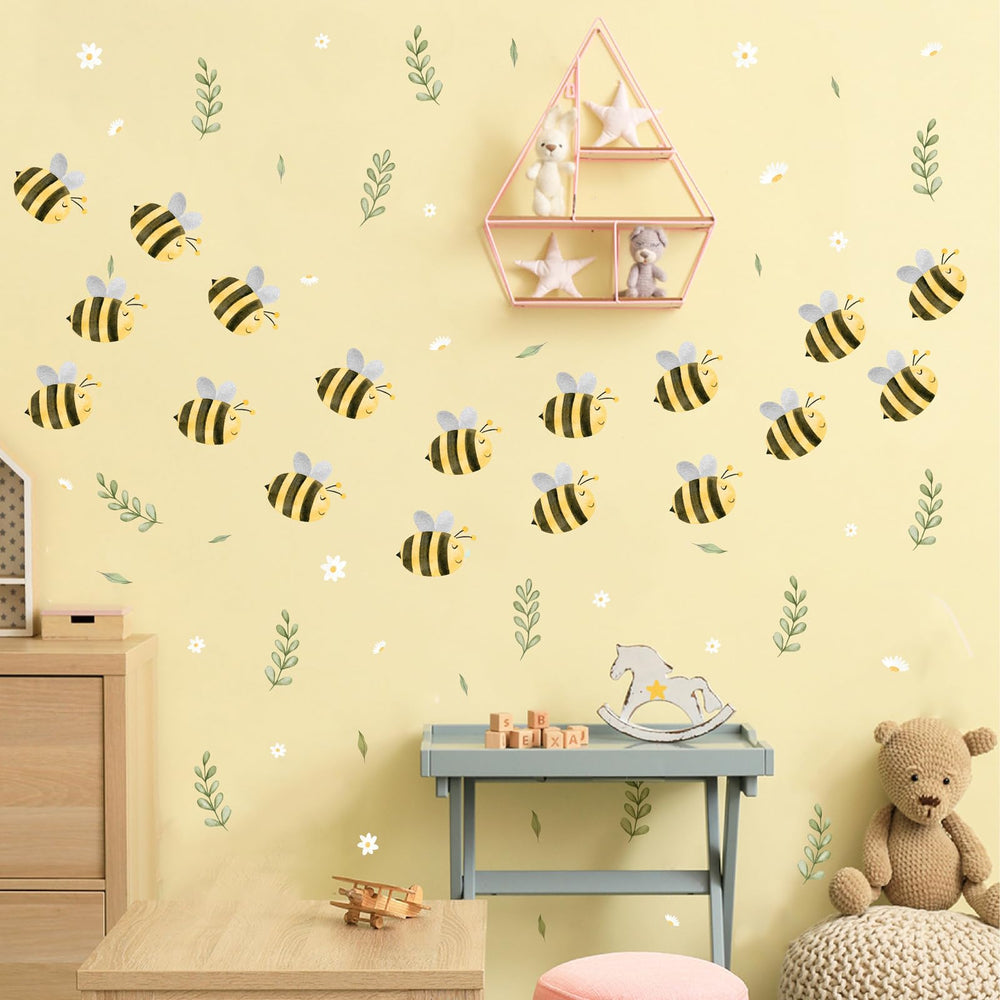 Barri Design small bee wall stickers with watercolor leaves for nurseries.