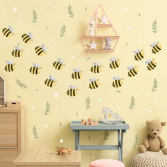 Barri Design small bee wall stickers with watercolor leaves for nurseries.