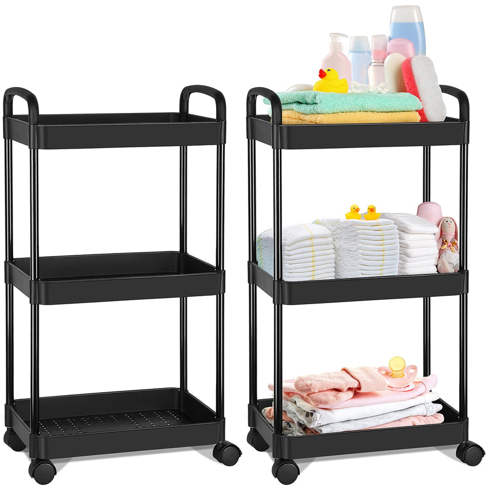 Barydat three-tier diaper caddy rolling cart beside changing table for quick access.