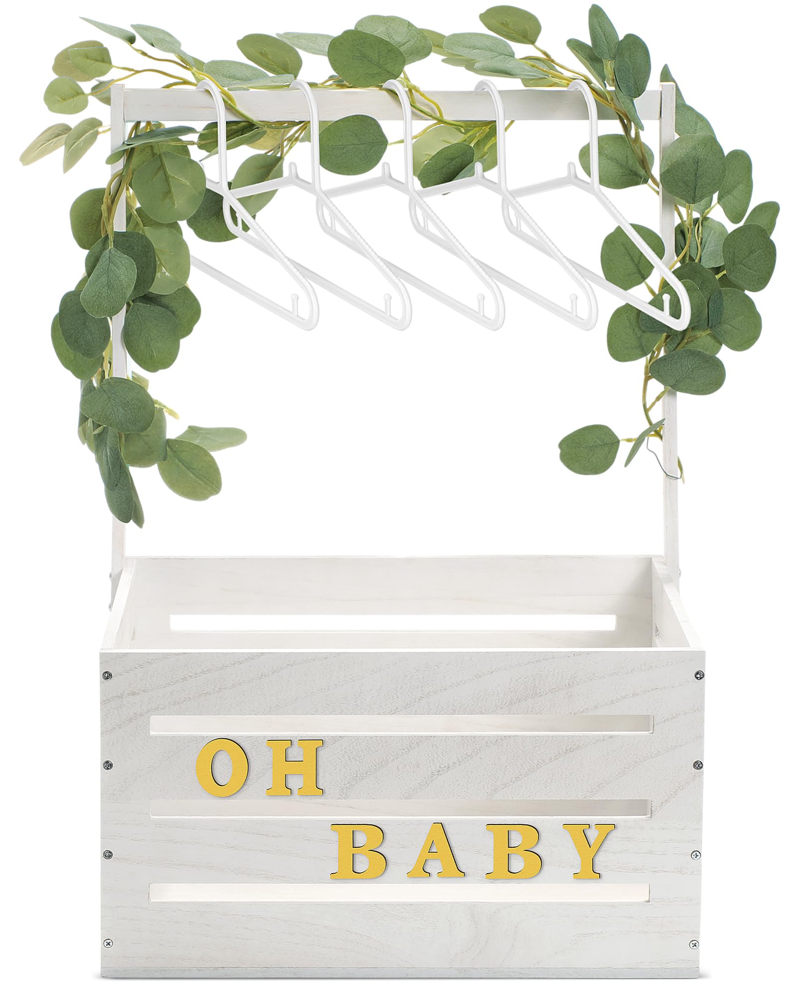 Barydat baby shower crate setup with letters and garland for stylish party decor