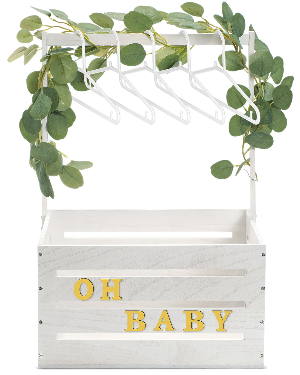 Barydat baby shower crate setup with letters and garland for stylish party decor