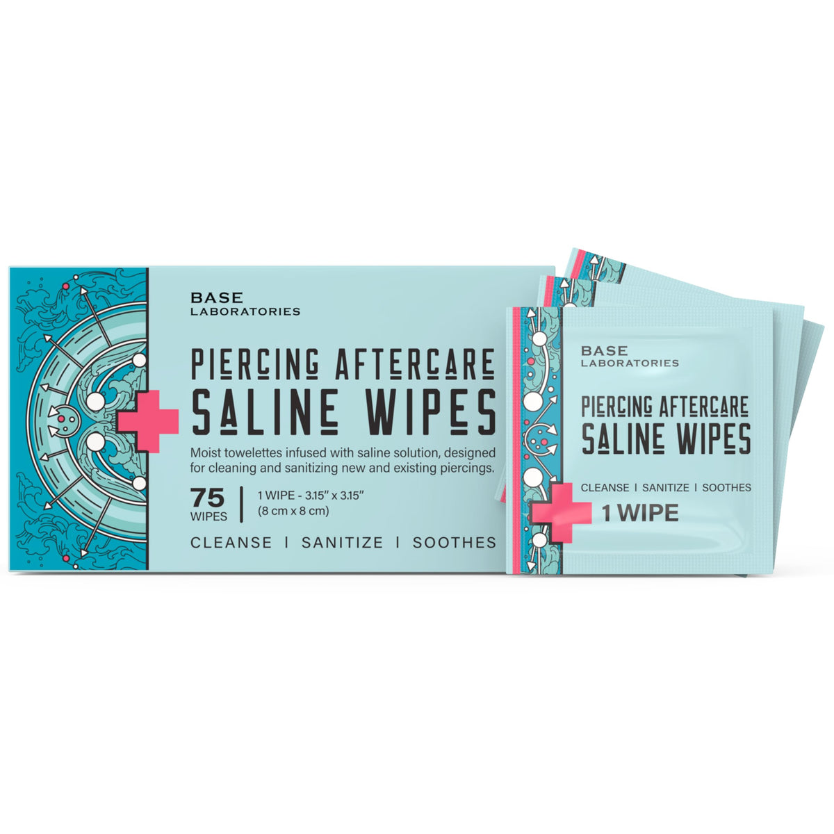Base Laboratories Piercing Aftercare Wipes pack for on-the-go piercing cleansing.