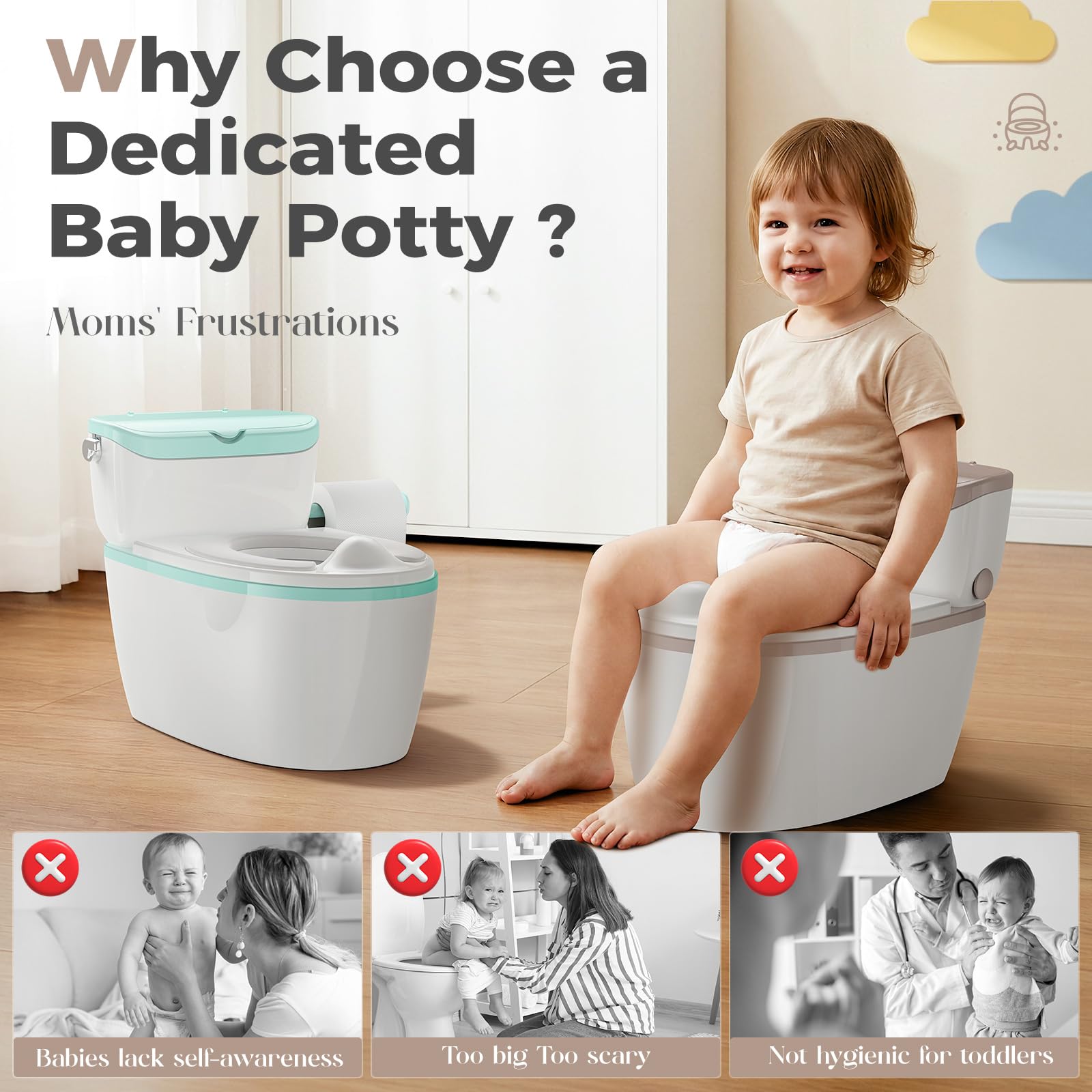 Basece potty includes a toilet paper holder for real-world habits.