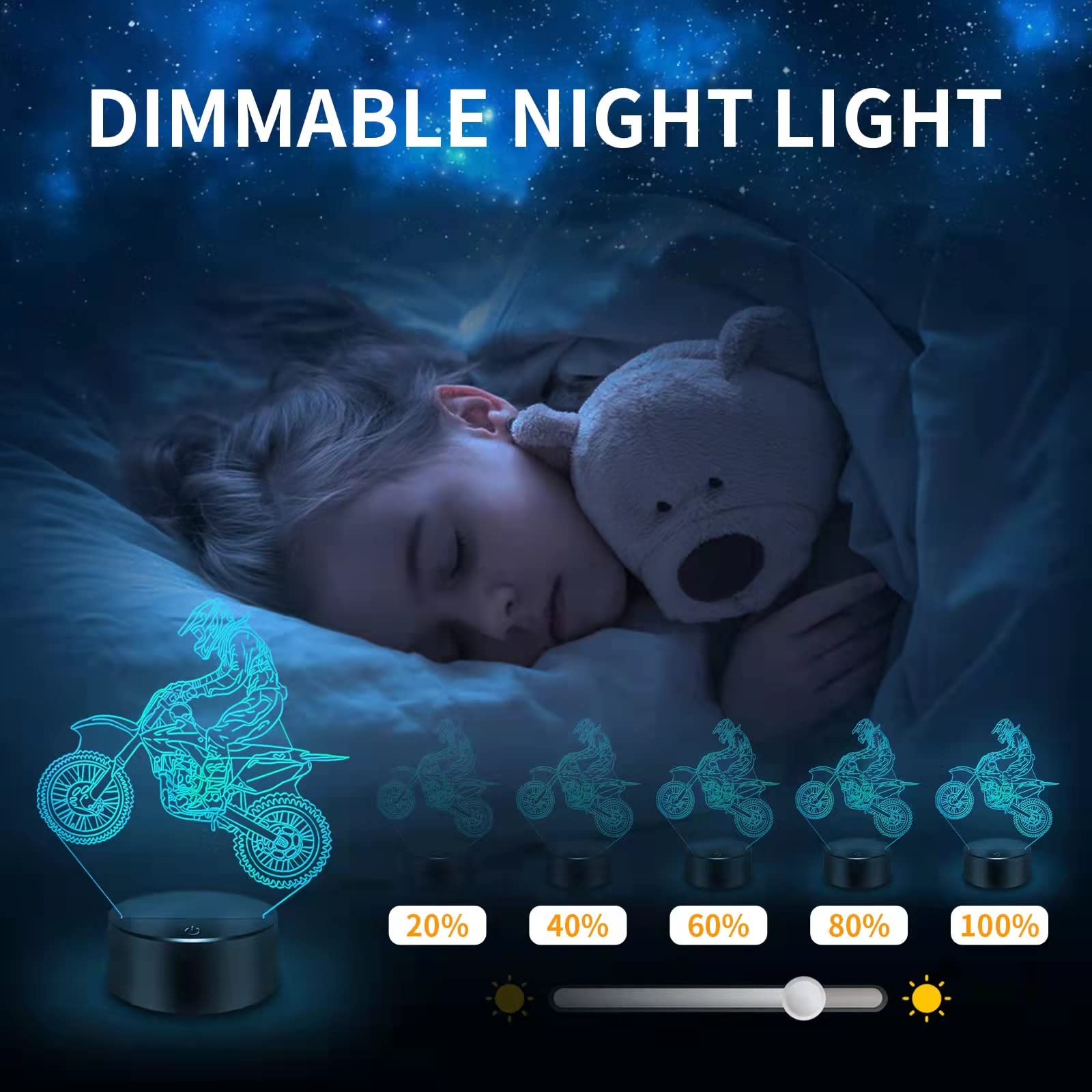BASSI motocross night light adds decorative glow to playrooms and bedrooms