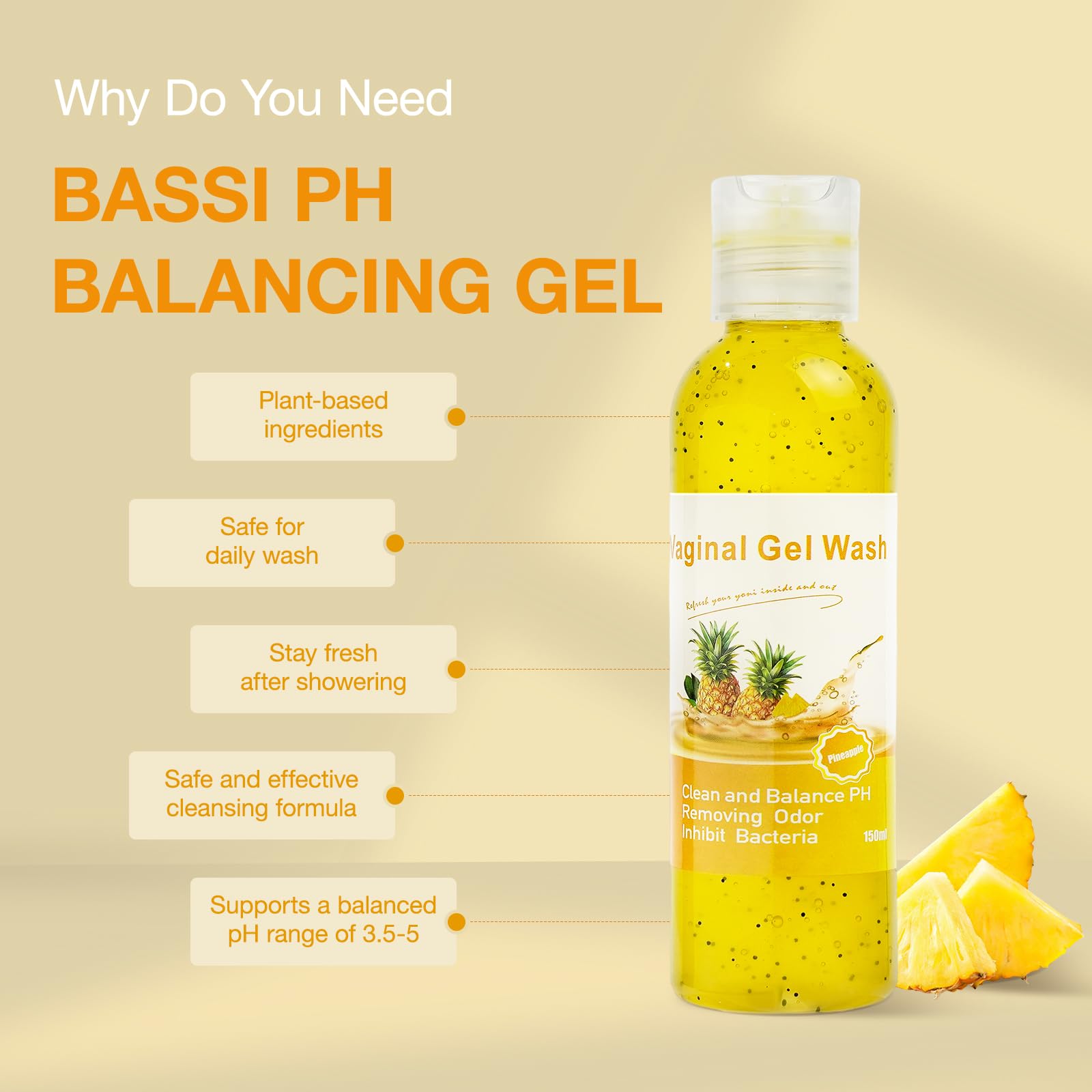 BASSI pineapple packaging highlighting natural, hypoallergenic daily hygiene.