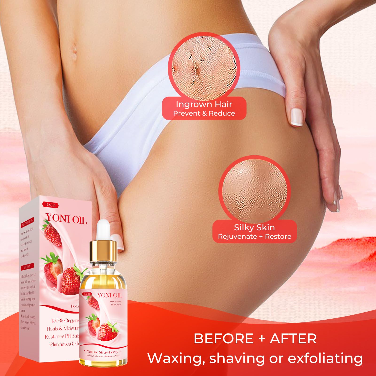 BASSI Ingredients label shows natural peach, strawberry, and apple oils.