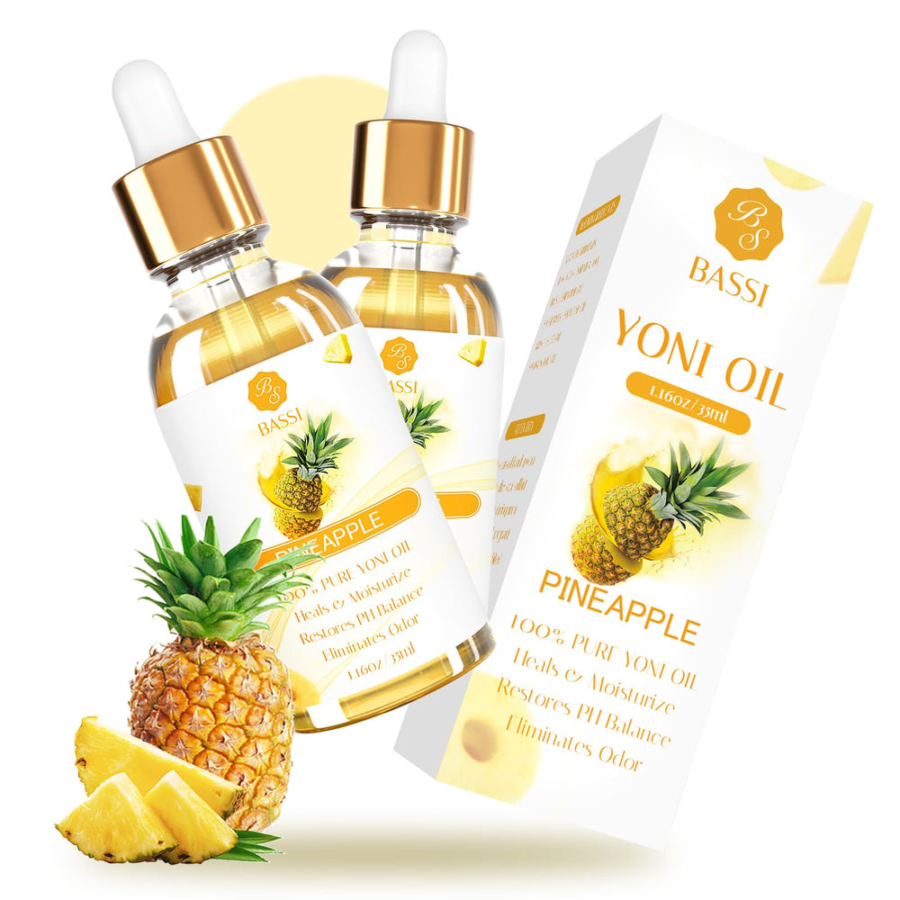 BASSI yoni oil bottle close-up, soothing moisture for delicate skin.