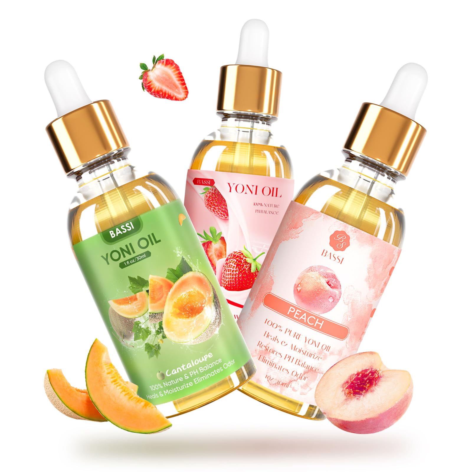 BASSI Yoni Oil bottle pour showing easy application for daily vaginal care and moisture.