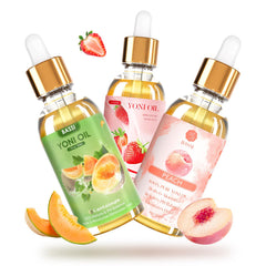 BASSI Yoni Oil bottle pour showing easy application for daily vaginal care and moisture.