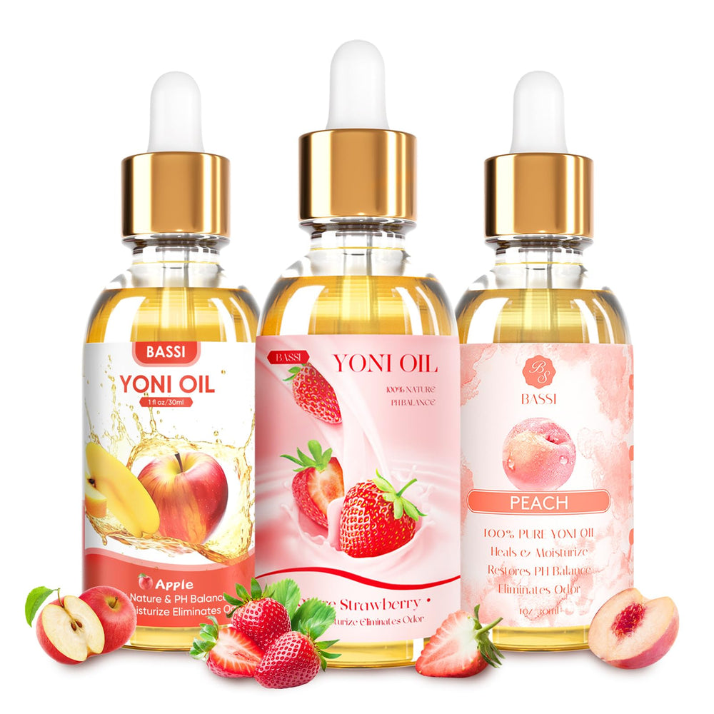 BASSI Yoni Oil bottle shown for daily moisture and fresh scent after shower.